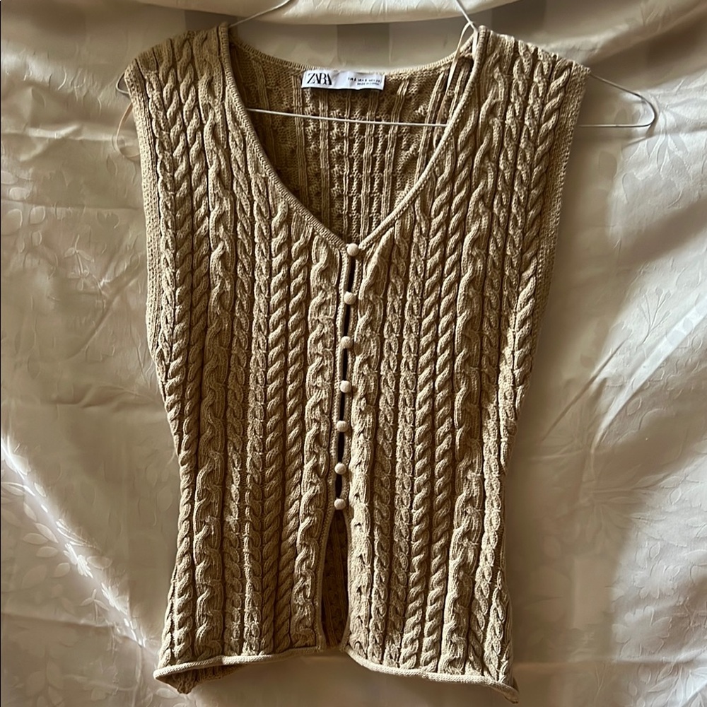 Zara Beige Cable Knit Button Vest